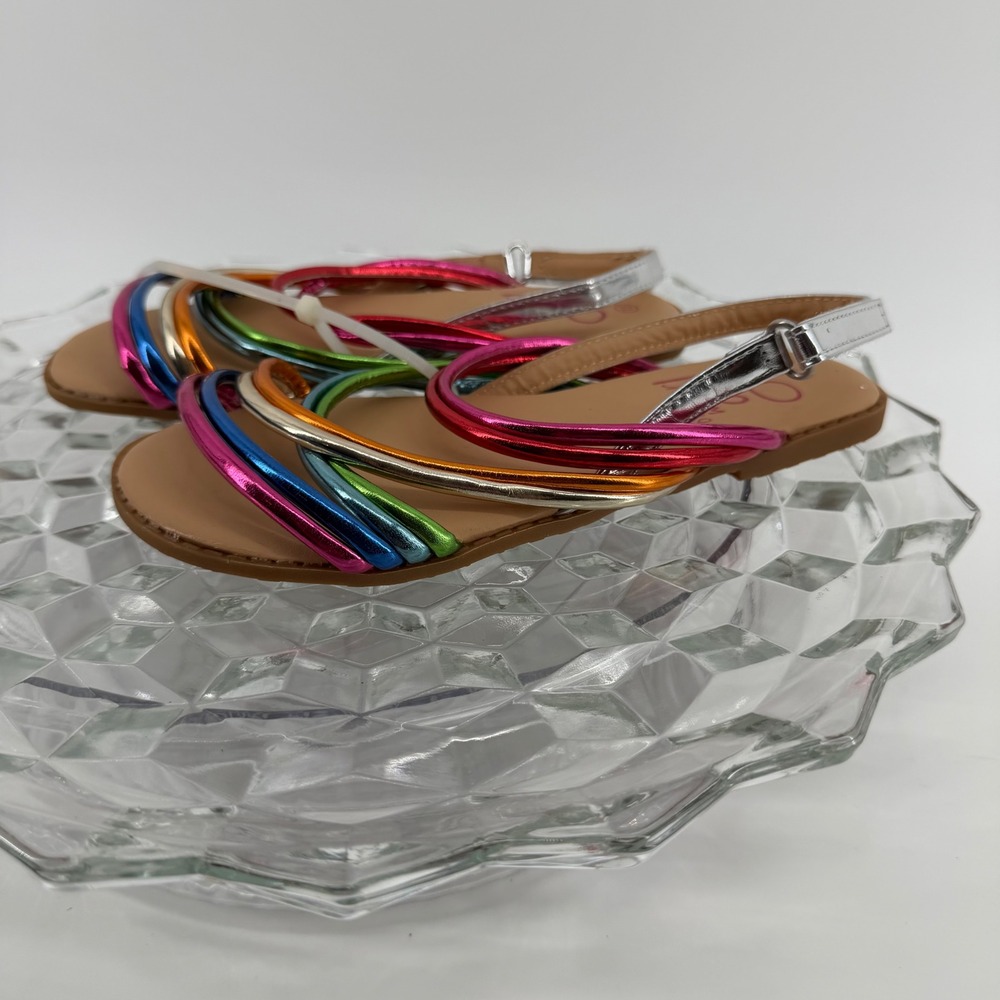 Olivia Miller Girl Rainbow Metallic Strappy Sandals Kids Size 13/1 Flat Silver